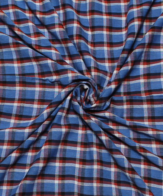 Blue white and brown checks handwoven cotton fabric