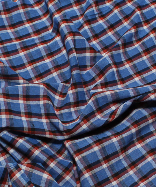 Blue white and brown checks handwoven cotton fabric