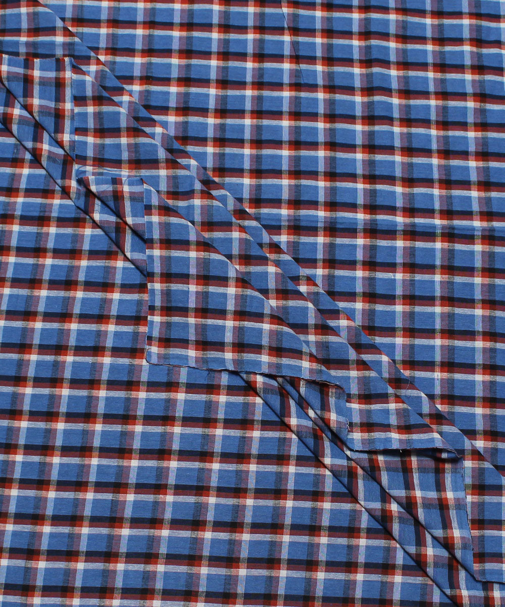 Blue white and brown checks handwoven cotton fabric