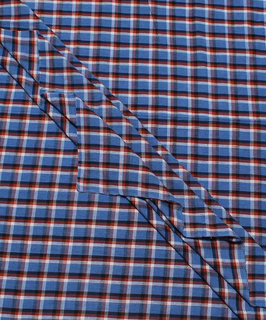 Blue white and brown checks handwoven cotton fabric