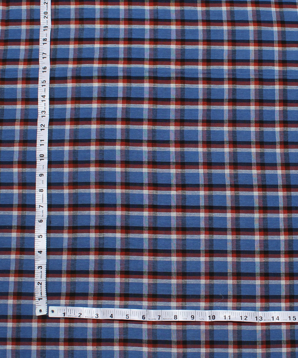 Blue white and brown checks handwoven cotton fabric