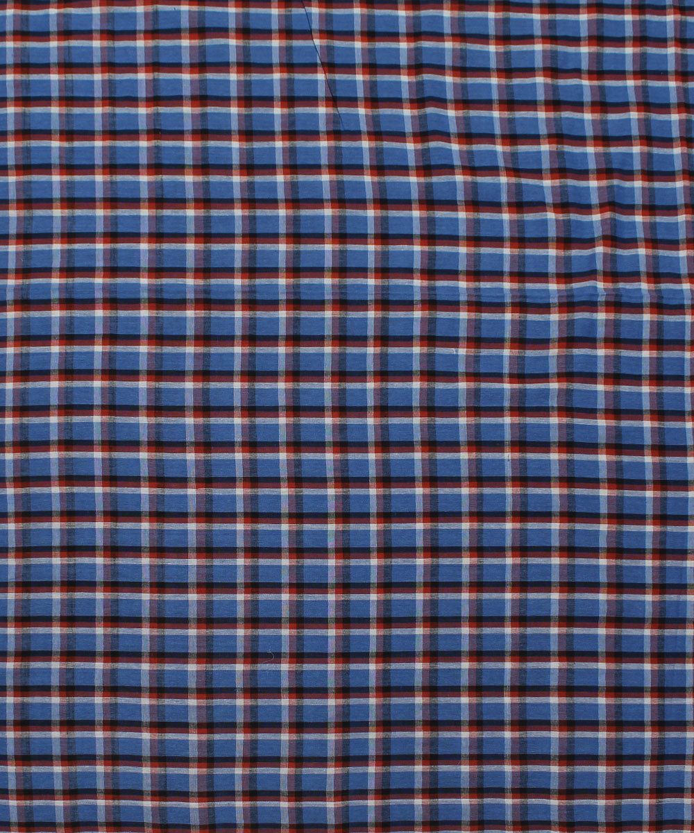 Blue white and brown checks handwoven cotton fabric
