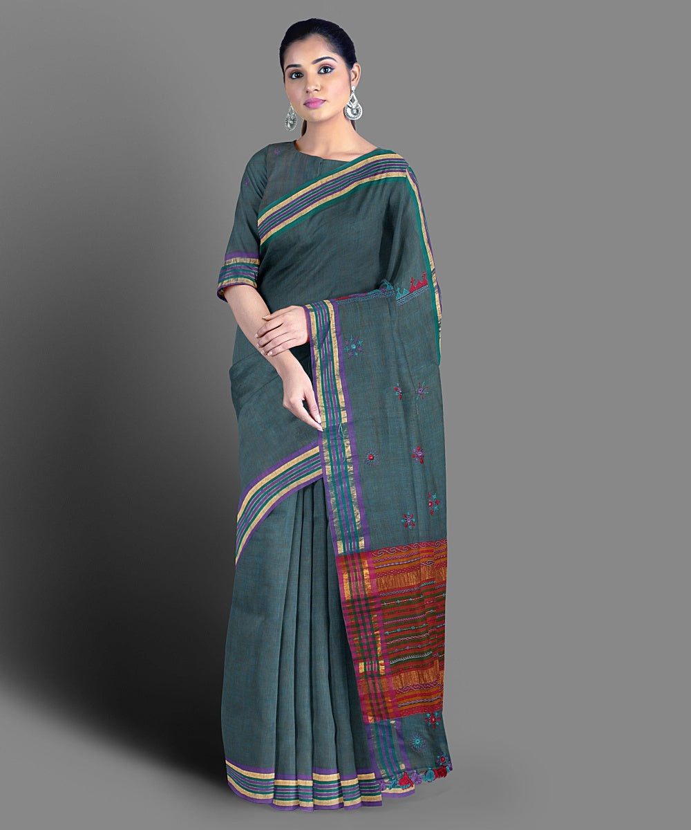 Blue grey hand embroidery cotton saree