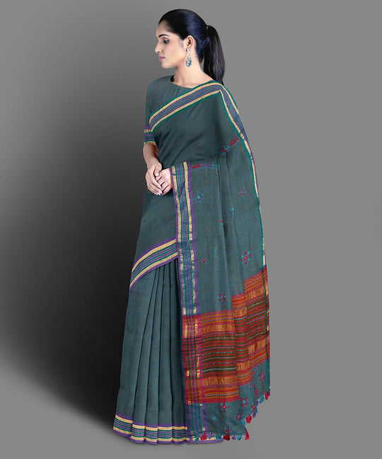 Blue grey hand embroidery cotton saree