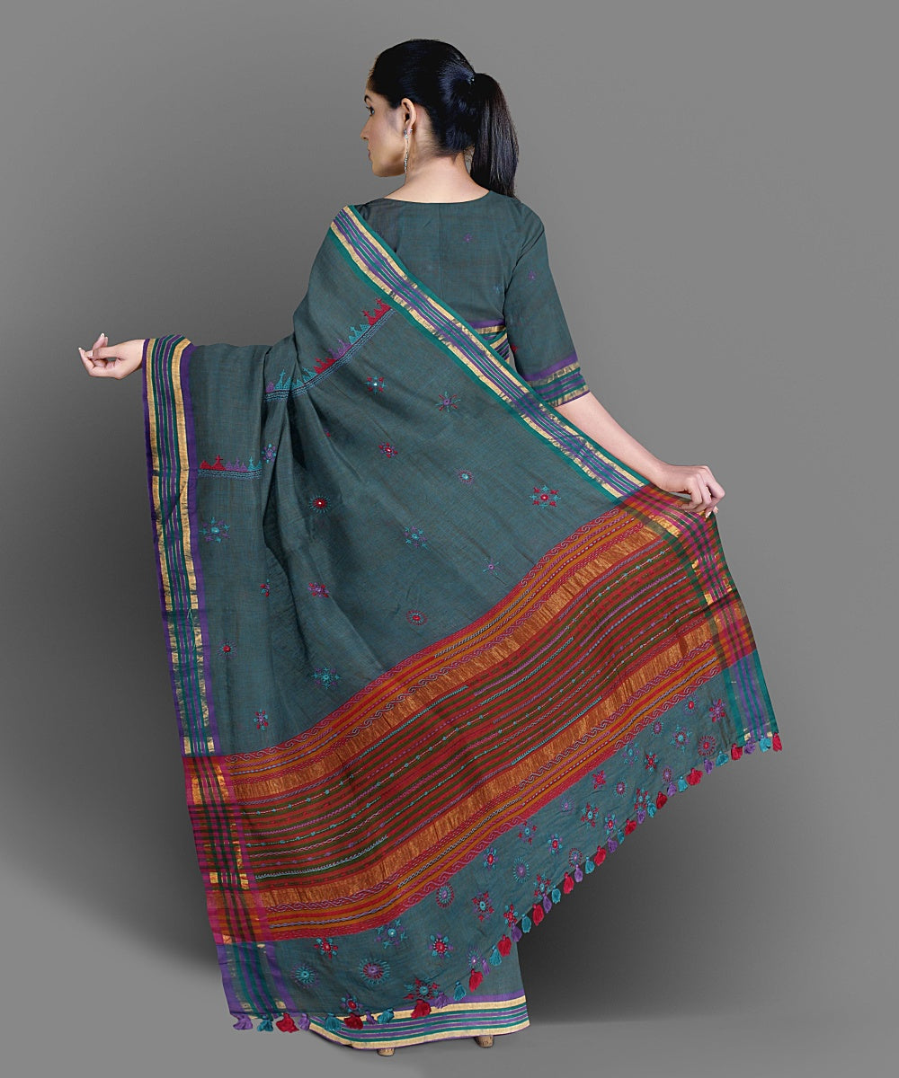 Blue grey hand embroidery cotton saree
