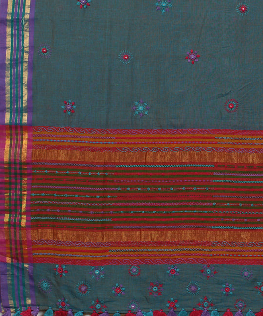 Blue grey hand embroidery cotton saree