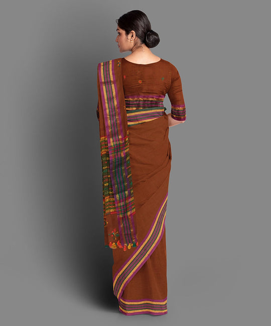 Brown hand lambani embroidery cotton saree