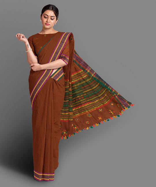 Brown hand lambani embroidery cotton saree