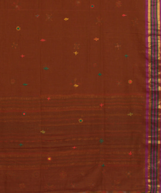 Brown hand lambani embroidery cotton saree