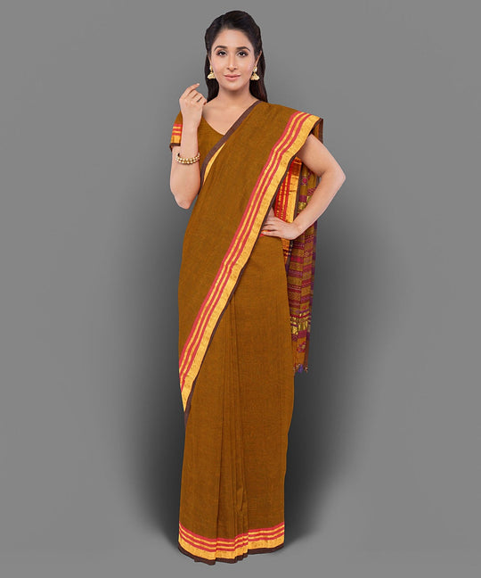 Mustard hand embroidery cotton saree