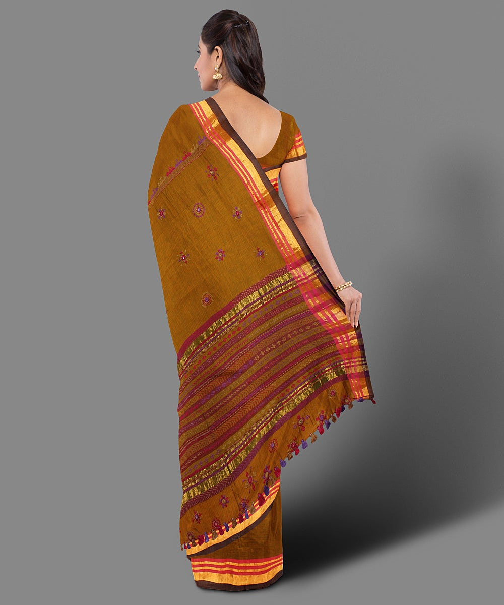 Mustard hand embroidery cotton saree