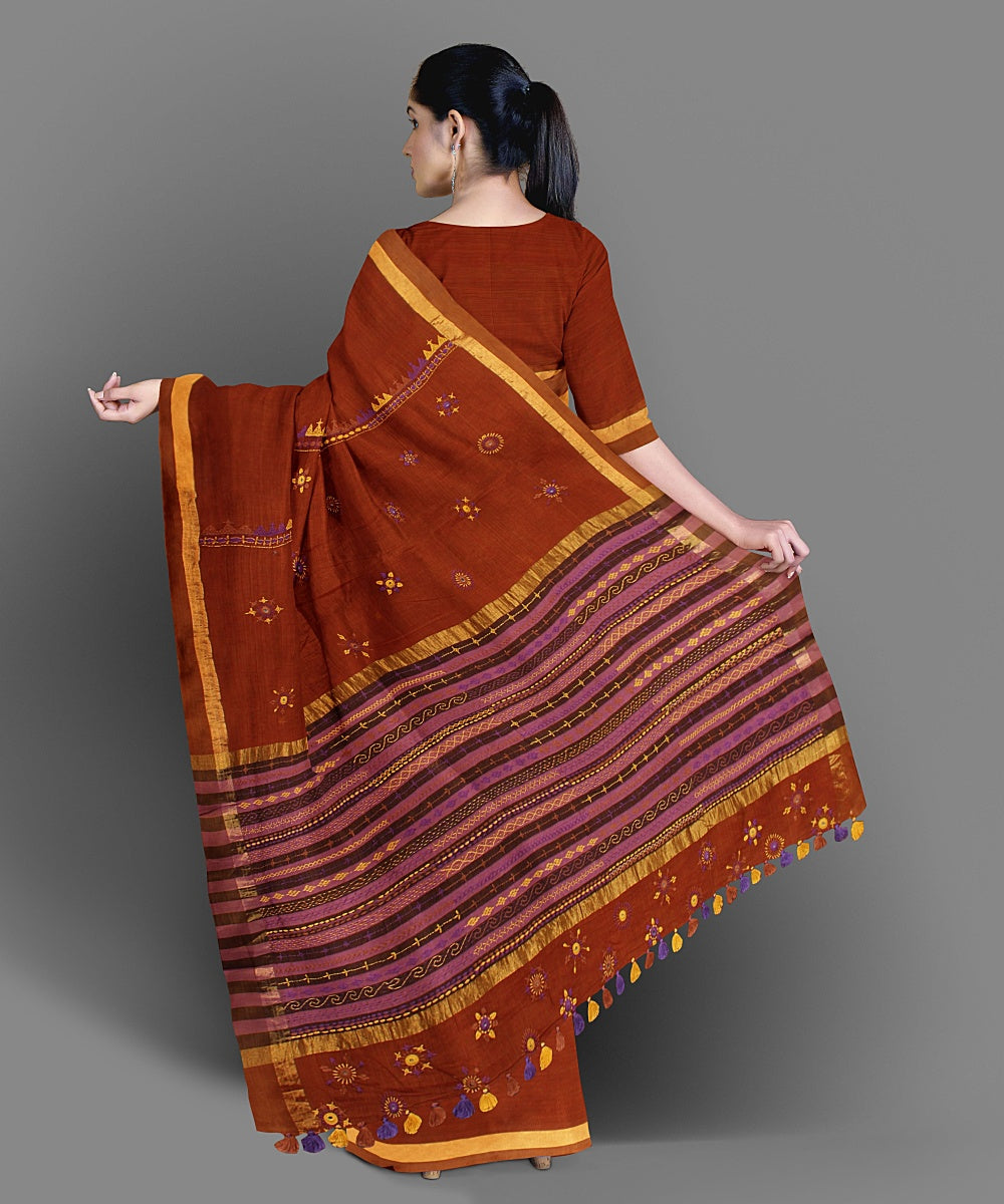 Brown hand embroidery cotton saree