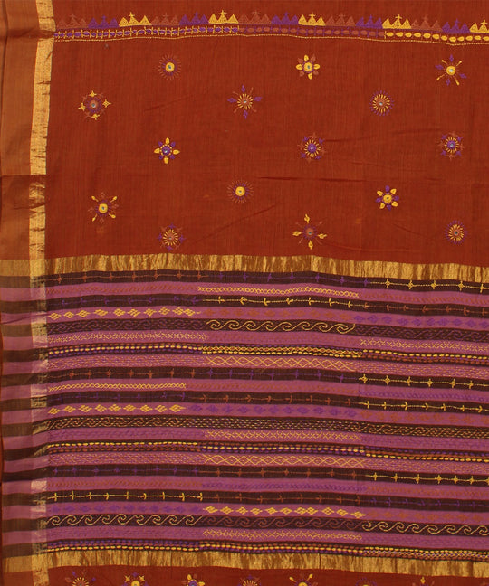 Brown hand embroidery cotton saree