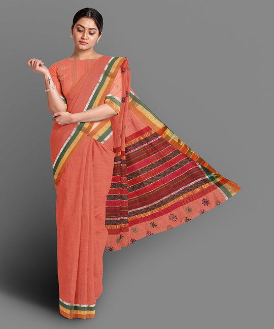Peach hand embroidery cotton saree