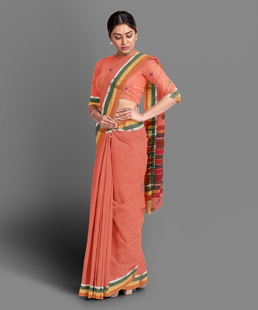 Peach hand embroidery cotton saree