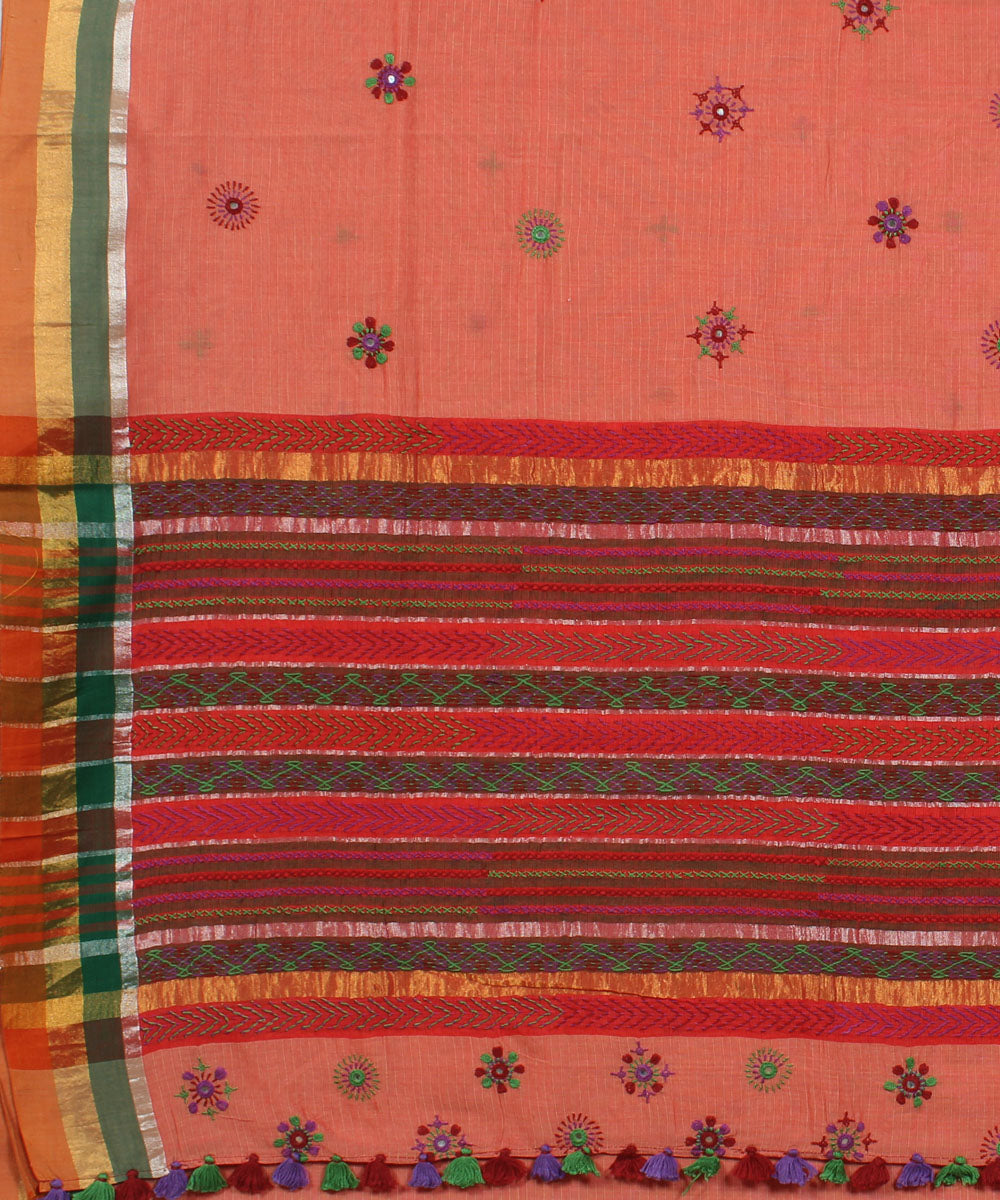 Peach hand embroidery cotton saree