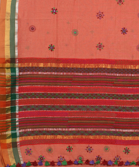 Peach hand embroidery cotton saree