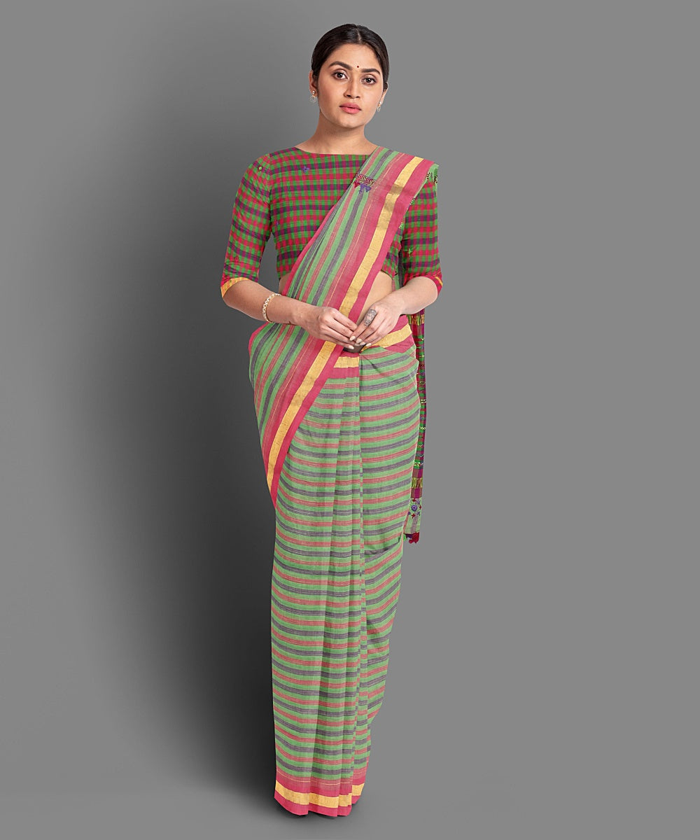 Light green stripe hand embroidery cotton saree