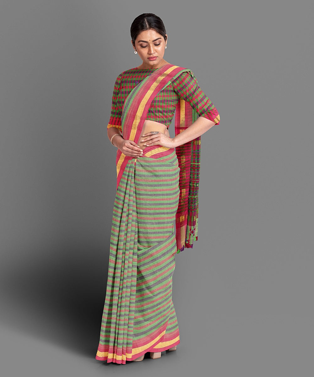 Light green stripe hand embroidery cotton saree