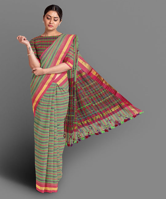 Light green stripe hand embroidery cotton saree
