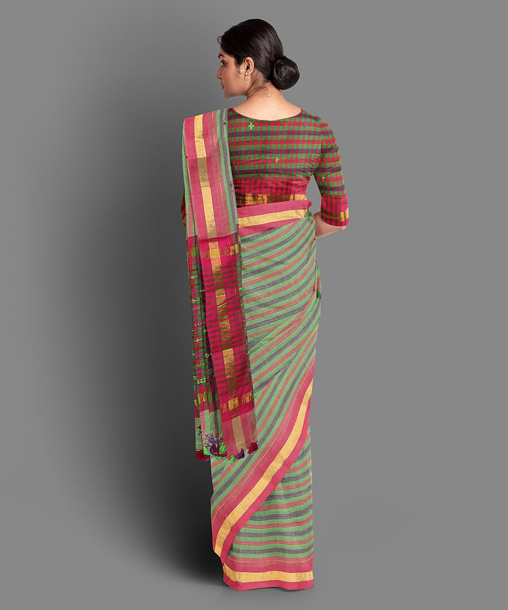 Light green stripe hand embroidery cotton saree
