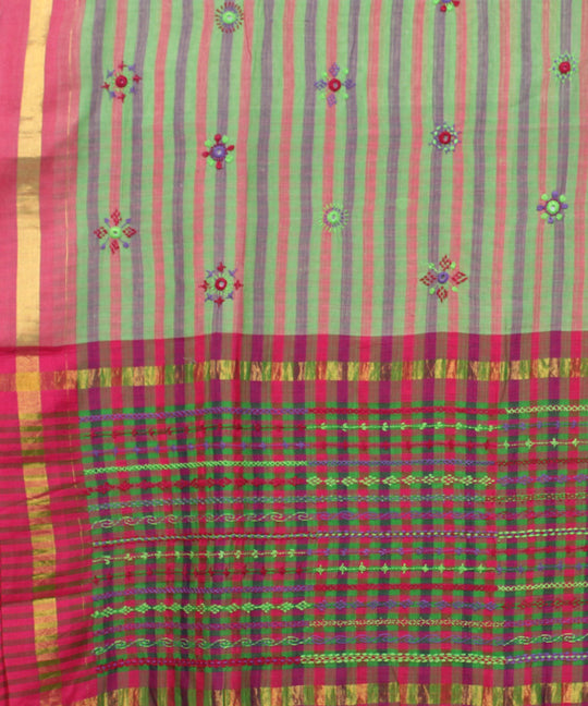 Light green stripe hand embroidery cotton saree