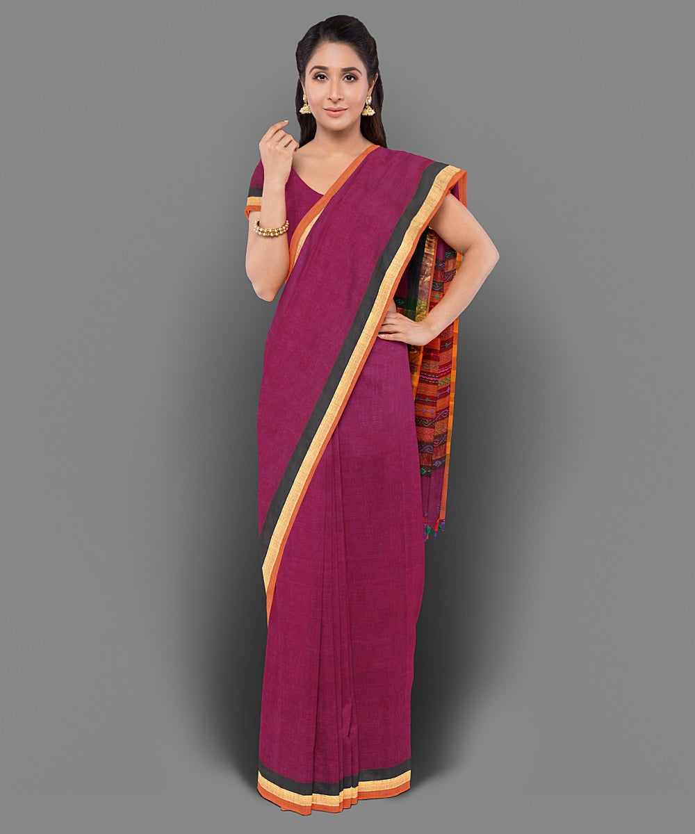 Magenta hand embroidery cotton saree