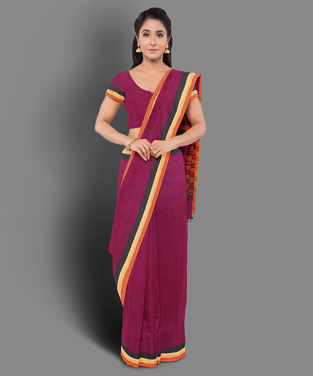 Magenta hand embroidery cotton saree