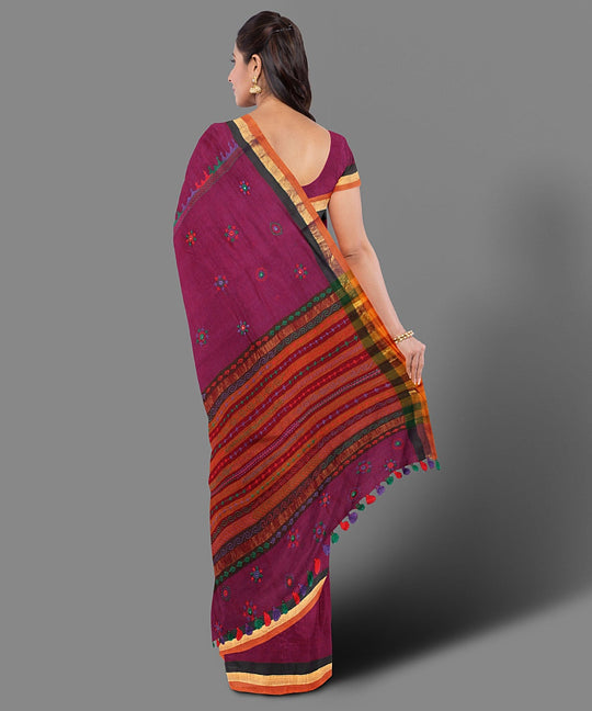 Magenta hand embroidery cotton saree