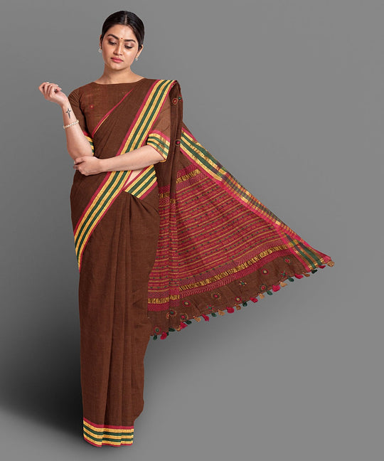 Dark brown hand embroidery cotton saree