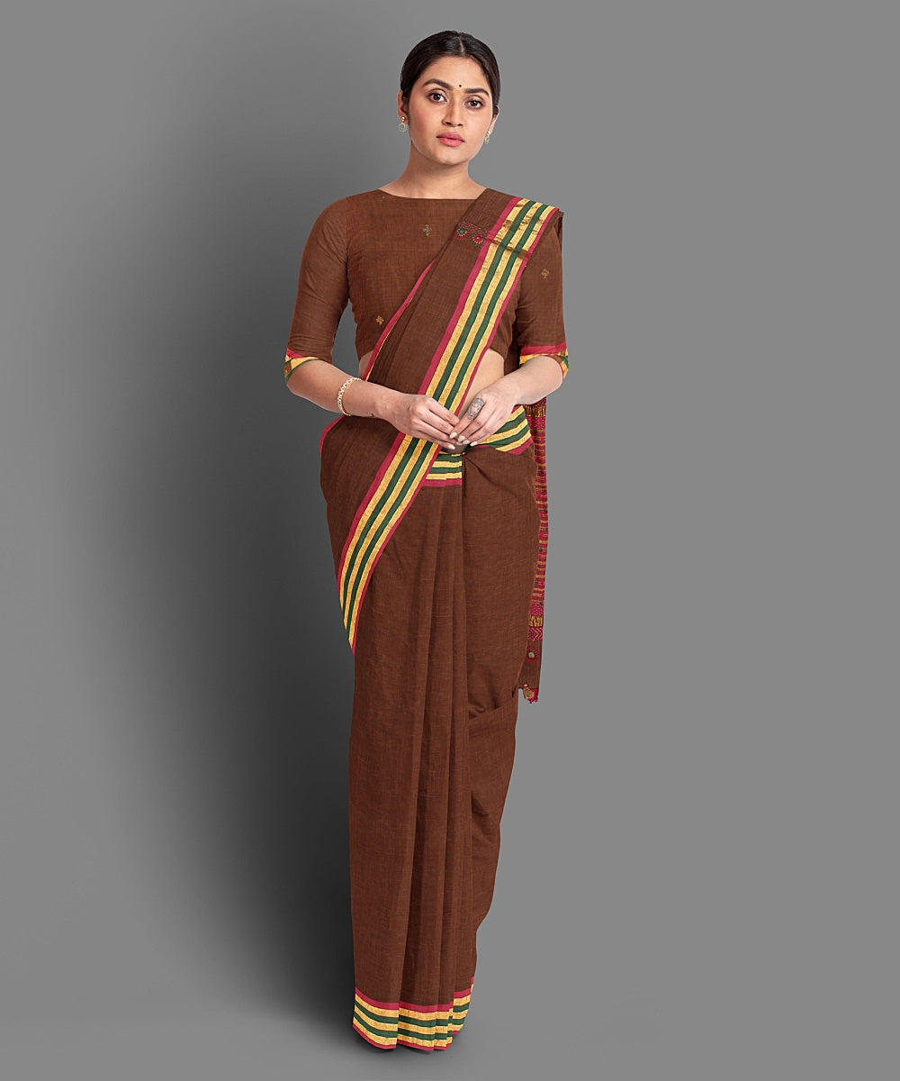 Dark brown hand embroidery cotton saree