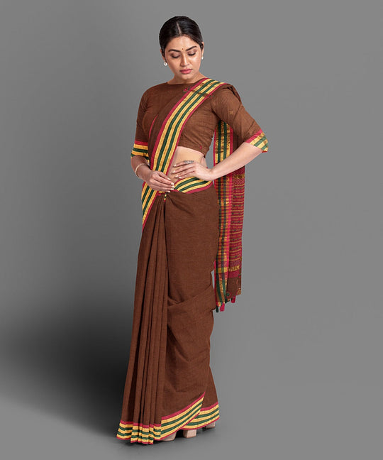 Dark brown hand embroidery cotton saree