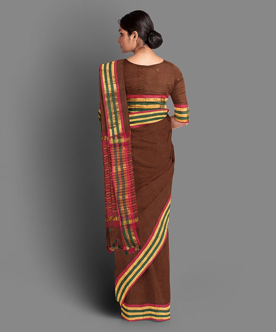 Dark brown hand embroidery cotton saree