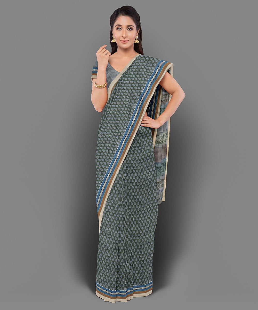 Dark green handblock print cotton saree