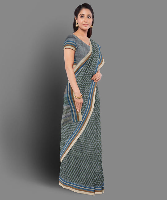 Dark green handblock print cotton saree