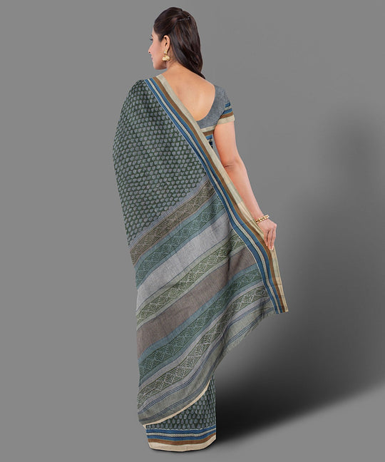 Dark green handblock print cotton saree