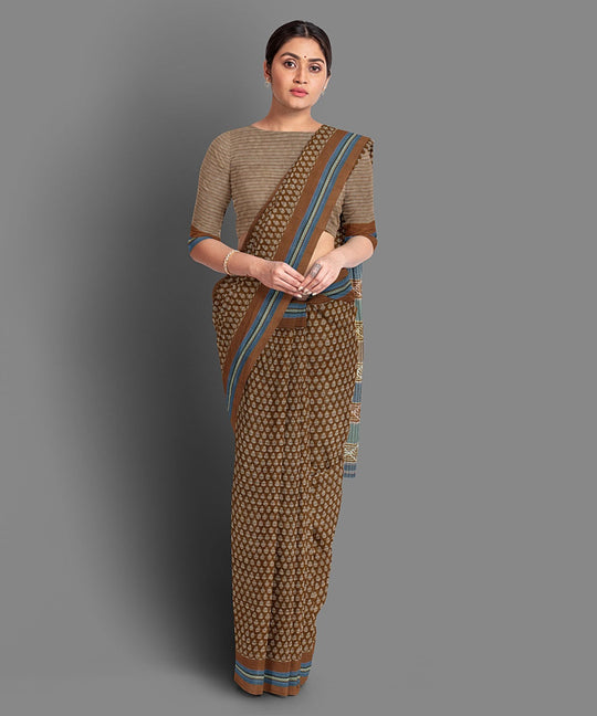 Brown hand block print cotton saree