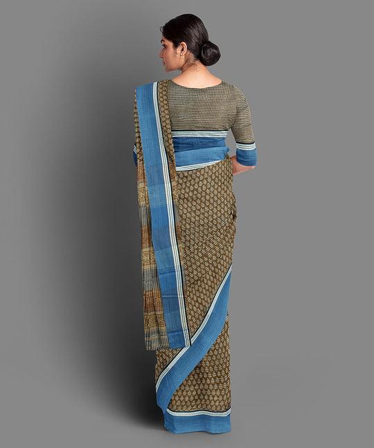 Brown handblock print cotton saree