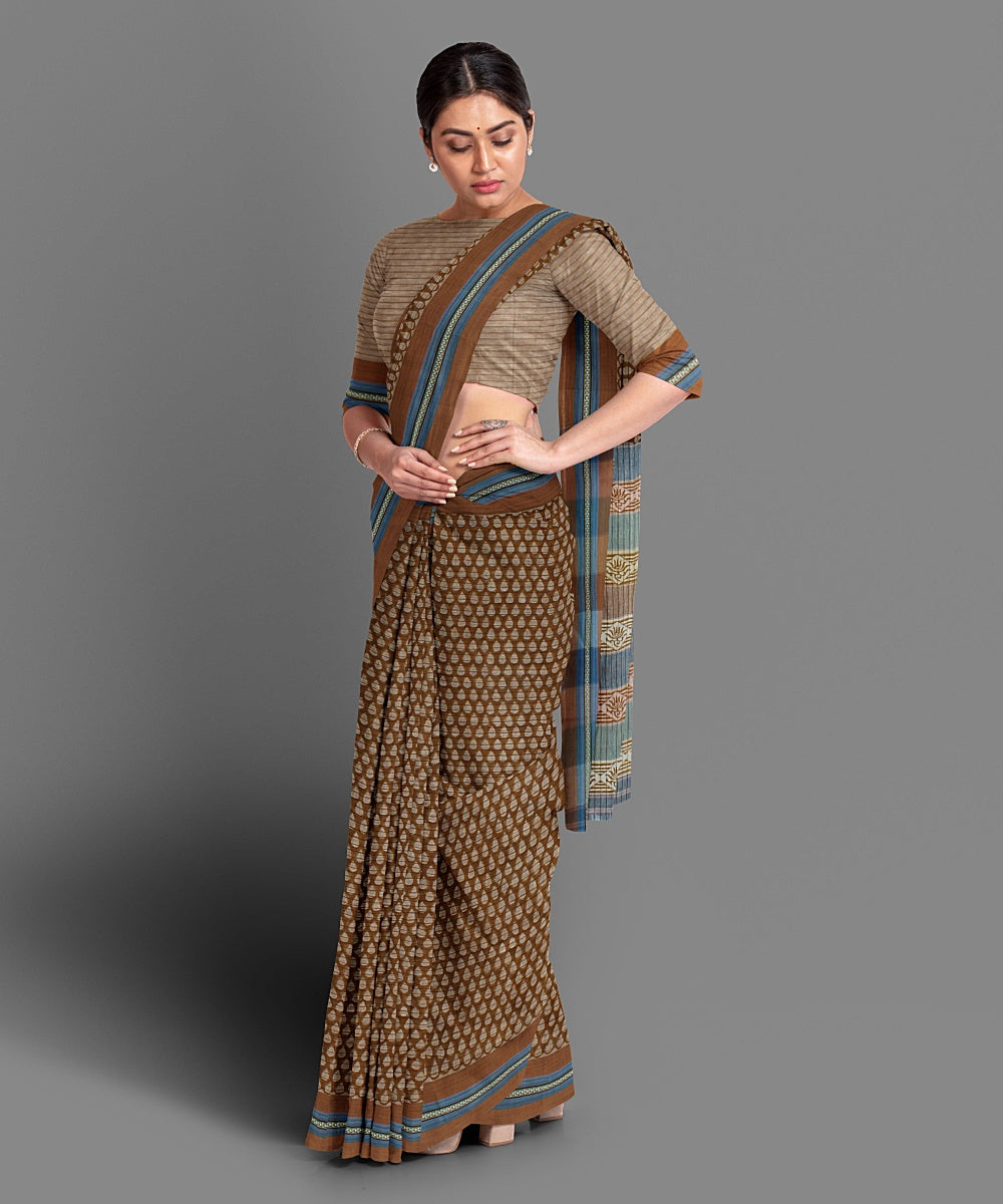 Brown hand block print cotton saree