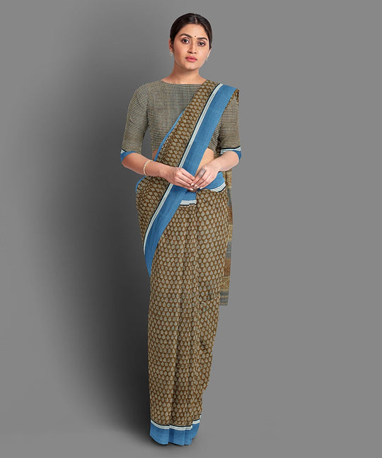 Brown handblock print cotton saree