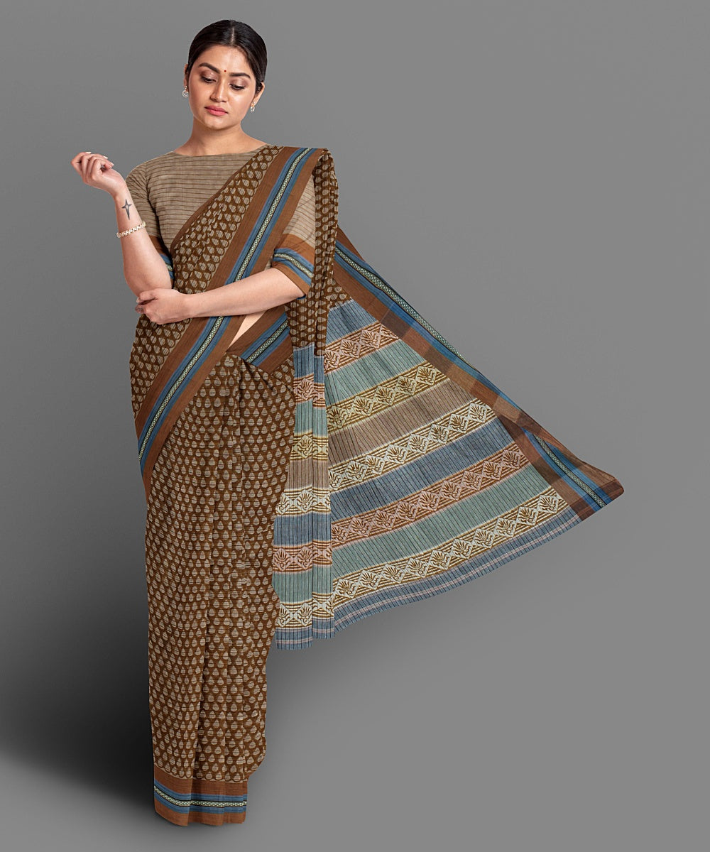 Brown hand block print cotton saree