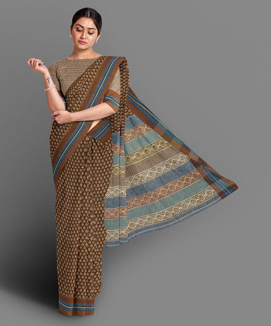 Brown hand block print cotton saree