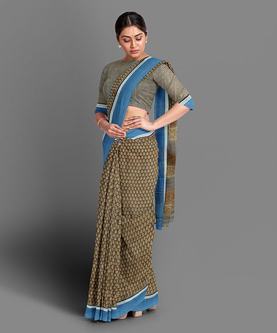 Brown handblock print cotton saree