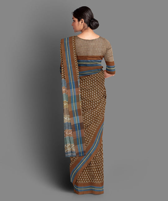 Brown hand block print cotton saree
