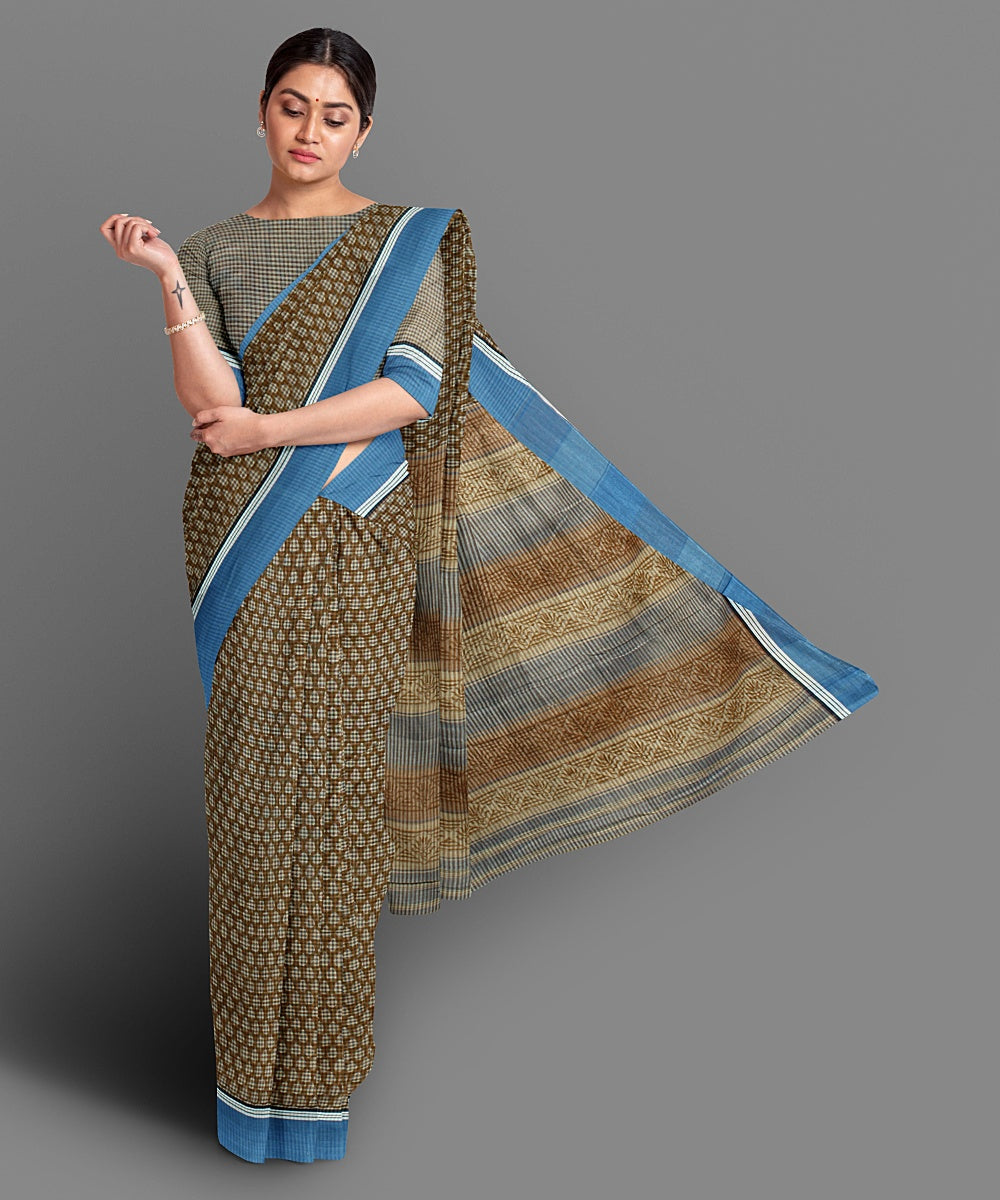 Brown handblock print cotton saree