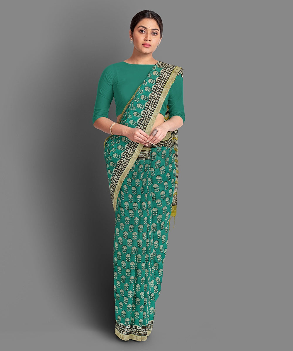 Green handblock print cotton saree