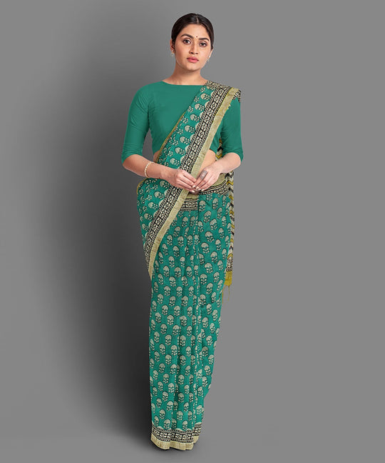 Green handblock print cotton saree
