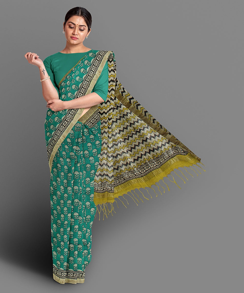 Green handblock print cotton saree