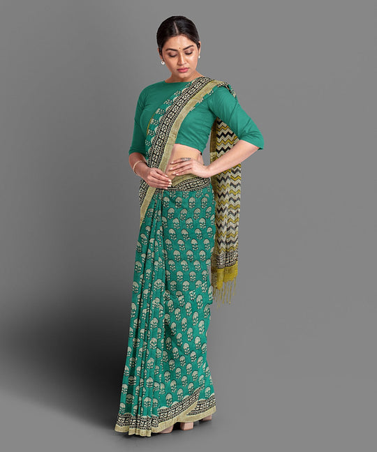Green handblock print cotton saree