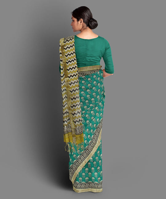 Green handblock print cotton saree